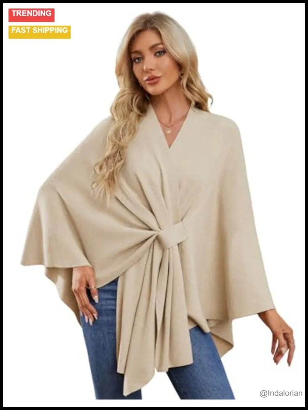 Elegant Shawl Wrap Open Front Poncho Sweater Soft Loop Tab Draped Cover